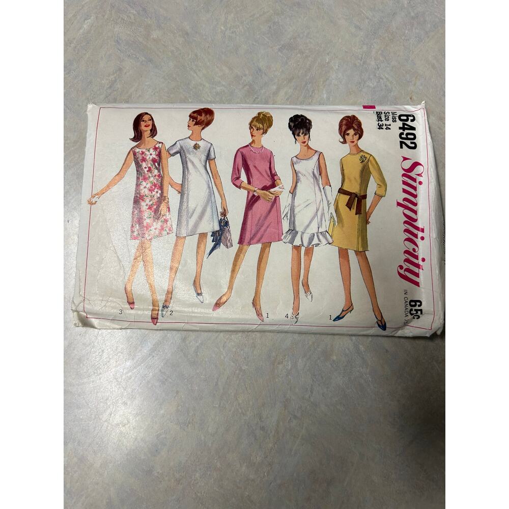 Vintage 1960's Simplicity Pattern #6492 Misses‎ A-Line Dress Size 14